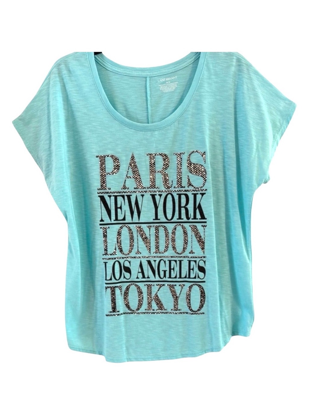 Lane Bryant Teal Rhinestone Graphic Tee Shirt Paris NY London Top Plus Size 14/1